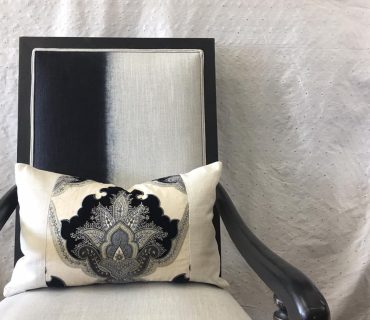 Linen chair with black paisley medallion cushion